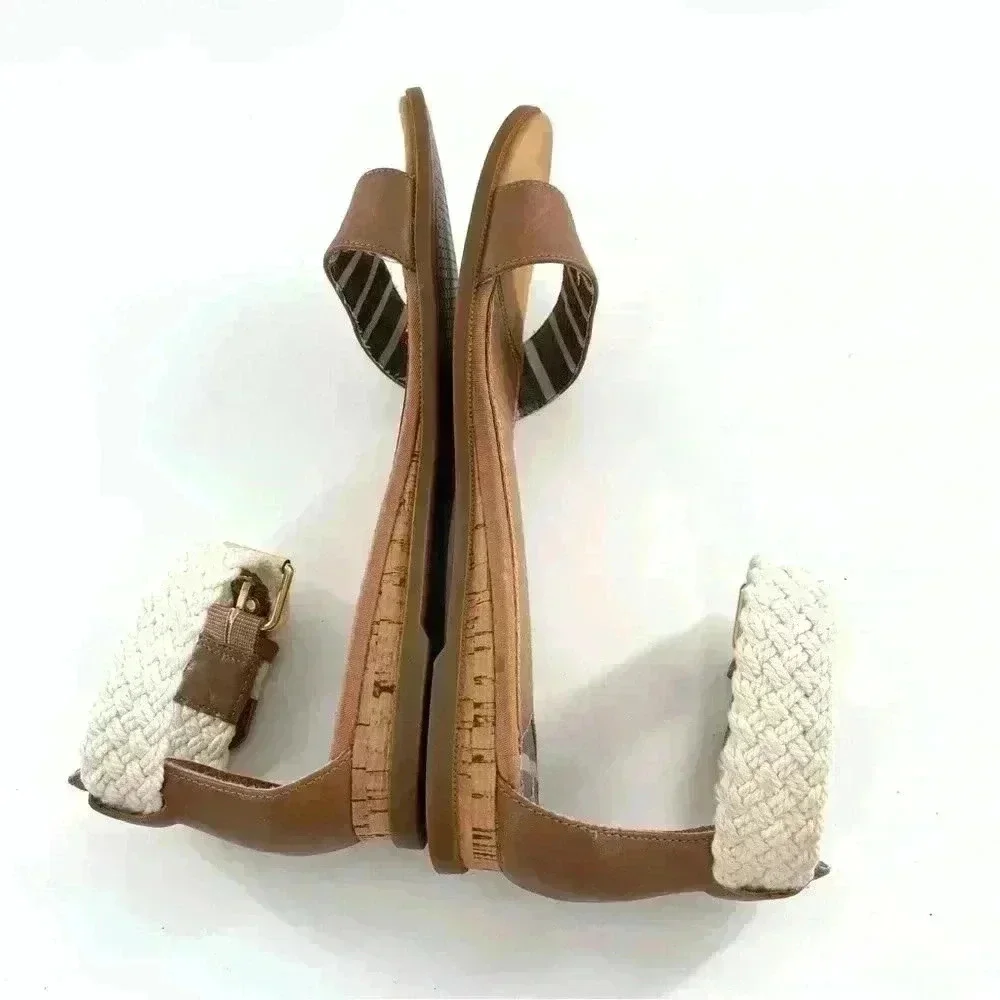 Sperry womens sandals size 5.5 brown leather nautical ankle strap cork wedges
